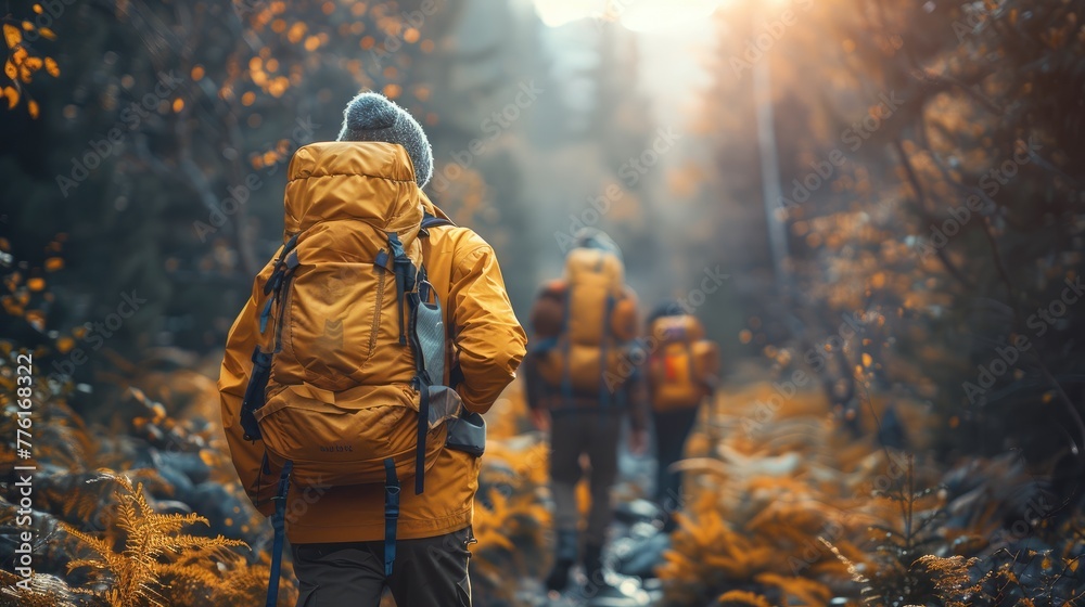 Fototapeta premium Group of friends hiking through a forest, enjoying nature's beauty, solid color background, 4k, ultra hd