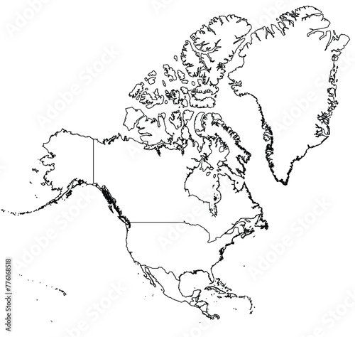 Outline of the map of North America Continent with regions