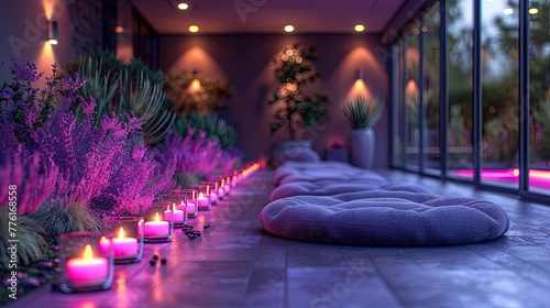 Inviting spa retreat with lavender scented candles, soft meditation cushions, and serene lighting, solid color background, 4k, ultra hd