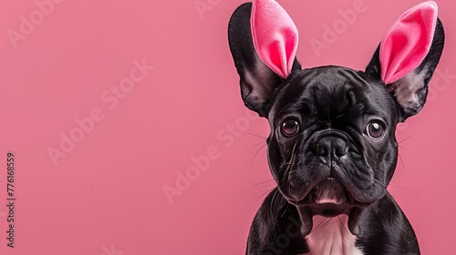 Black French Bulldog dog puppy with Easter ears on pink background