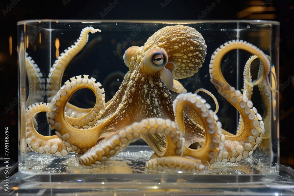 Fototapeta premium Detailed wet specimen of an octopus, tentacles gracefully arranged, in a crystal-clear preservation fluid