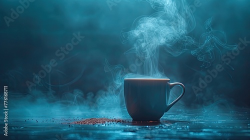 Misty morning scene with a cup of hot water, emphasizing hydration as part of a morning ritual, solid color background, 4k, ultra hd