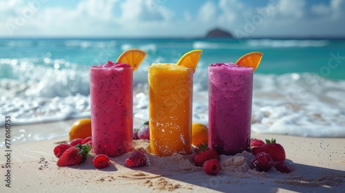 Morning beach yoga retreat offering a selection of revitalizing smoothies and raw, energizing snack options, solid color background, 4k, ultra hd