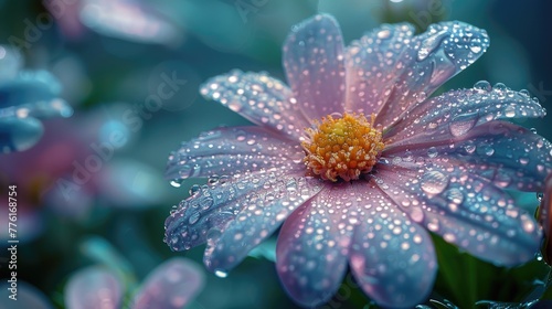 Morning dew glistening on a freshly bloomed flower, emphasizing the natural hydration cycle, solid color background, 4k, ultra hd