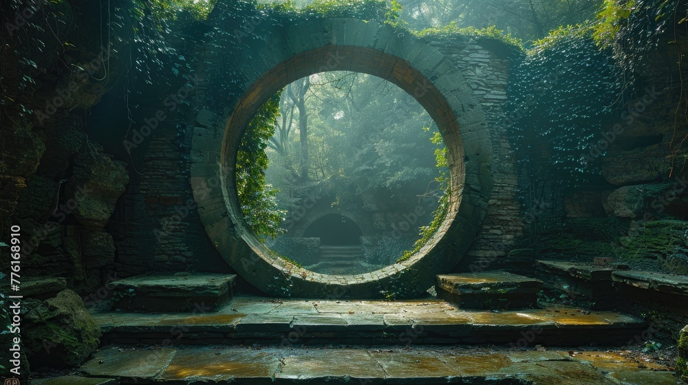 Peaceful meditation nook inside a circular stone ruin, offering a sense of enclosure and openness, solid color background, 4k, ultra hd - obrazy, fototapety, plakaty 