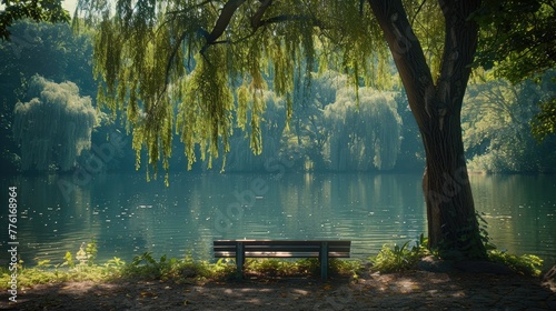 Peaceful spot under a weeping willow tree, perfect for solitude and reflective meditation, solid color background, 4k, ultra hd