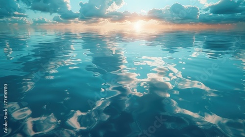 Reflection of a serene sky in a body of water, linking the themes of peace, purity, and hydration, solid color background, 4k, ultra hd