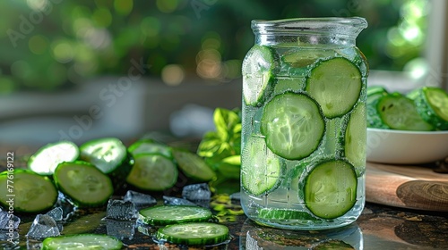 Refreshing cucumber slices floating in a pitcher of water, set on a garden table during a summer day, solid color background, 4k, ultra hd