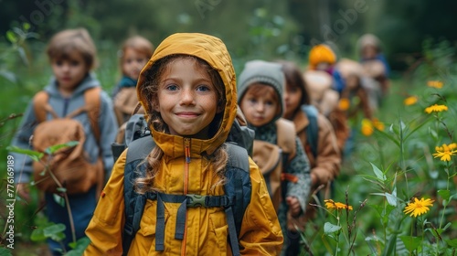 Schoolchildren taking part in a guided nature walk, combining physical activity with environmental education, solid color background, 4k, ultra hd