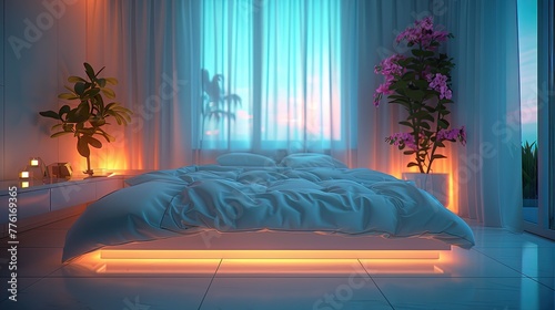 Softly lit, serene bedroom with a minimalist design and a focus on tranquility, solid color background, 4k, ultra hd