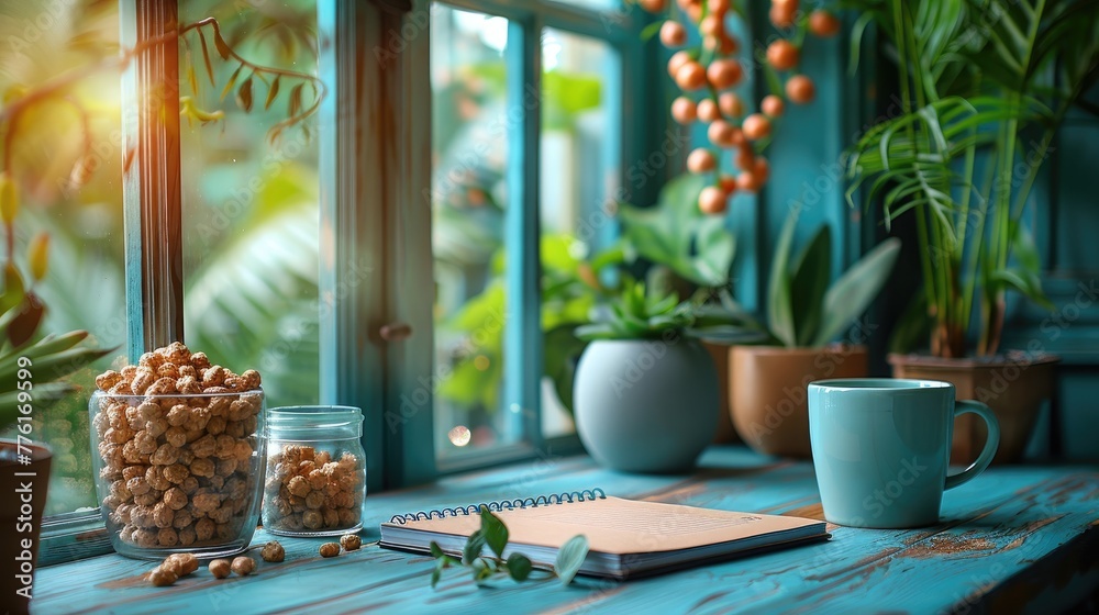 Well-lit desk area with a bullet journal, motivational prints, and a selection of healthy trail mix, solid color background, 4k, ultra hd - obrazy, fototapety, plakaty 