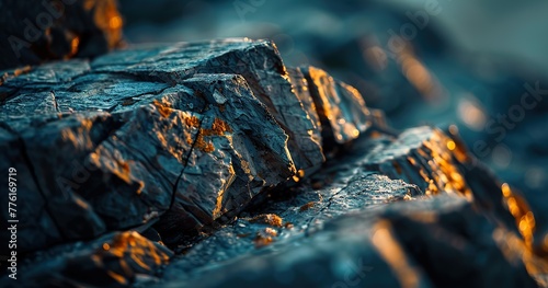 professional photography, macro photography The surface of the rock is fractured and has sharp edges . the background is blurred. front view