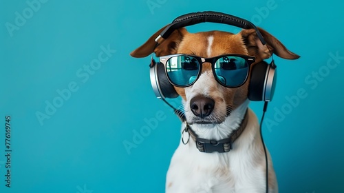 canine wearing shades and earphones on brilliant background