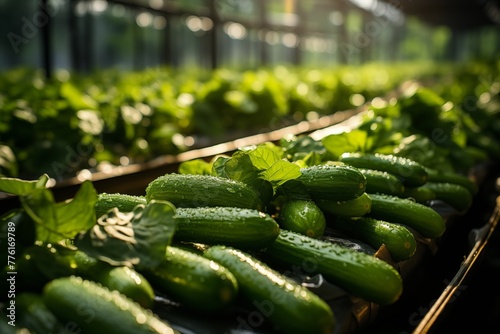 Greenhouse with hothouse green cucumbers