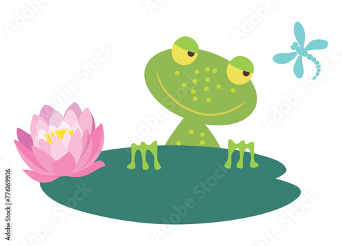 Frog cartoon green cheerful, leaf, pink water lily, summer, pond, flying dragonfly, vector illustration isolated on white