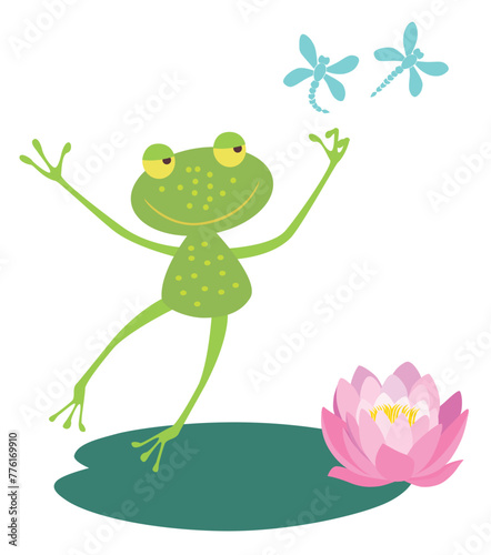 Frog cartoon green cheerful, playful, active, jumping, leaf, pink water lily, summer, pond, flying dragonflies, vector illustration isolated on white