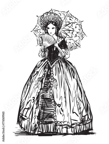 Lady, noblewoman, young, hat,umbrella,fan, long dress,graceful, pretty, fashionable, historical costume,18th century, theatrical, sketch, vector hand drawn illustration isolated on white