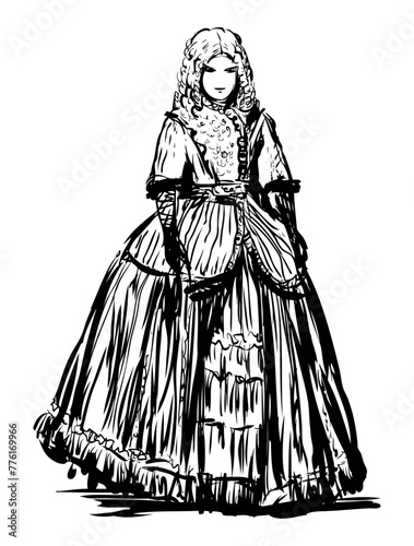 Lady, noblewoman, young,hairstyle , long dress, gloves, pretty, fashionable, historical costume, 18th ctntury, theatrical, sketch, vector hand drawn illustration isolated on white