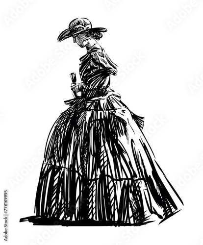 Lady, noblewoman, young,in hat ,long dress, graceful, pretty, fashionable, profile, historical costume, 18th century, theatrical, sketch, vector hand drawn illustration isolated on white