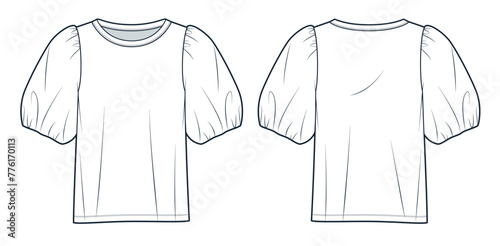Balloon Sleeve T-Shirt fashion flat technical drawing template. Jersey Shirt with poplin sleeves technical fashion illustration, round neck, front and back view, white, women Top CAD mockup.