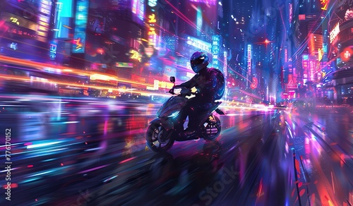 Motorcyclist moving through the city street at night  glowing with neon lights. The concept of speed and urban life.