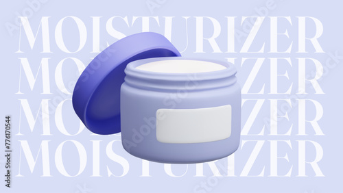 3D moisturizer cream jar web background template design. Cartoon style blue cosmetic product packaging on blue moisturizer background. 3D facial mask open bottle advertising showcase mockup vector.
