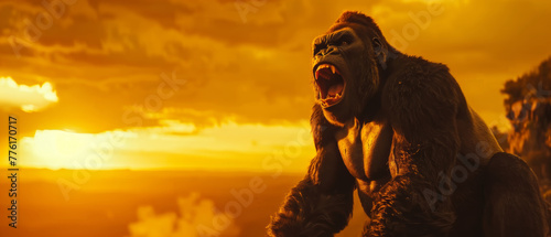 close up of  gorilla is roaring on the edge of a cliff on sunset sky background