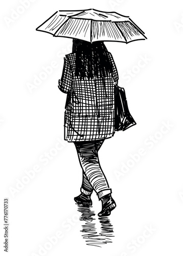 Woman,silhouette,brunette,umbrella,casual, young people,raining, walking,real people,bad weather,sketch, black and white vector hand drawn illustration isolated on white,doodle