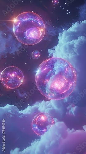 Bright soap bubbles in the sky. The concept of a fantasy world.