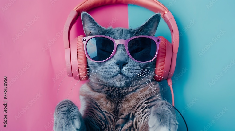 Cheerful cat in headphones on colored background