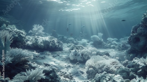 An underwater scene showing the devastating effects of ocean acidification, with bleached coral reefs and distressed marine life