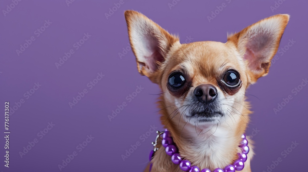 Chihuahua dog wearing a purple pearl necklace looking at the camera on purple background