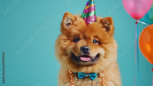 chow dog puppy in party cone hat necklace bowtie outfit on teal background photo