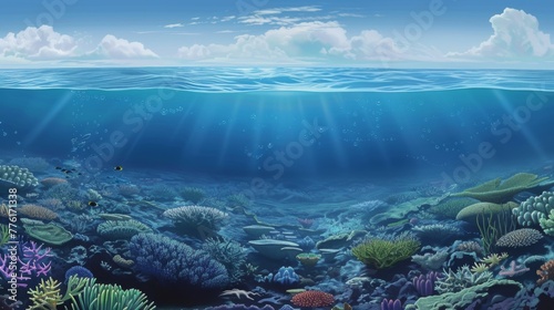 Graphic representation of ocean acidification's impact on marine ecosystems, illustrating the gradual destruction of coral reefs and the ripple effect on ocean biodiversity.
