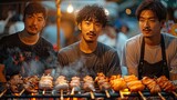 3 young Asian men in front of a barbecue.