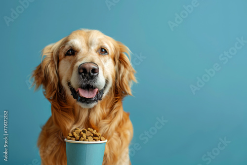 Cute golden retriever dog with coffee cup of dry food on colored background. Dog cafe concept.