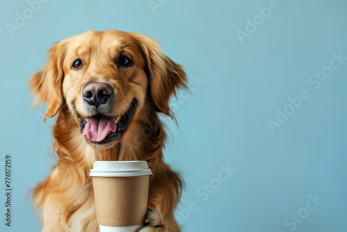 Cute golden retriever breed dog with paper coffee cup on blue background with space for text. Dog cafe concept.