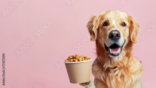 Cute golden retriever dog with bowl of dry food on pink background