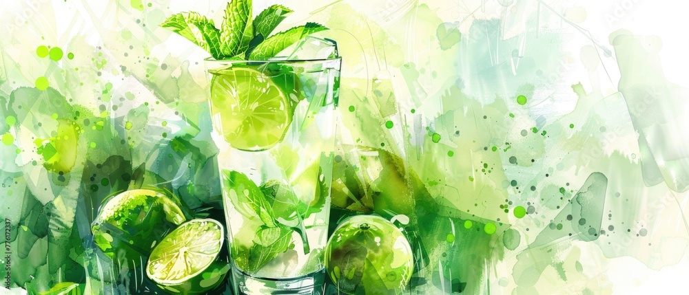 Artistic rendering of a mojito cocktail, with fresh mint and lime, in summer's full bloom Artistic rendering of a mojito cocktail, with fresh mint and lime, in summer's full bloom