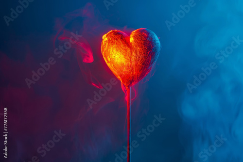 Tomography of a burning heart on a stick on a blue background. Concept of complicated love.