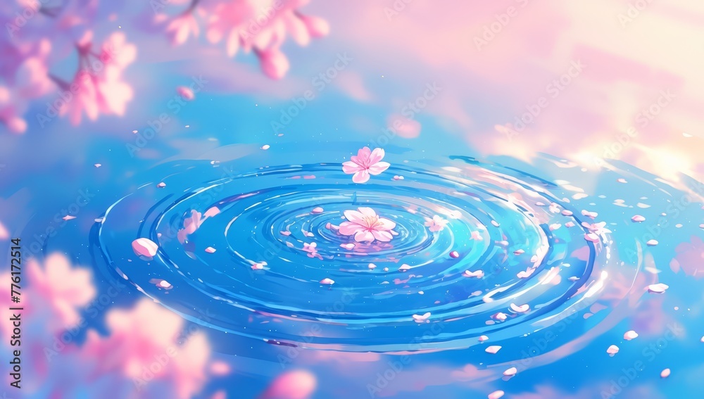 A beautiful water drop with pink cherry blossom flowers ripples in the background