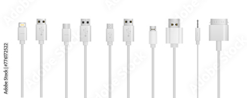 Smartphone charger cable mockup Isolated on white background. USB wire cable vector phone charger electric device of charging technology. Connectors and sockets for PC and mobile devices.