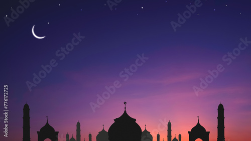 Silhouette mosque domes and crescent moon with star and majestic light on dark blue twilight sky background during iftar period in Ramadan Holy month, illustration