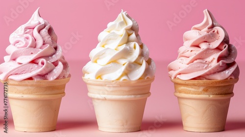 Set of different delicious pastel soft serve ice creams in crispy cones on pastel color backgrounds