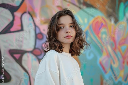Portrait of a beautiful girl in a white t-shirt on a background of graffiti, Ai Generated