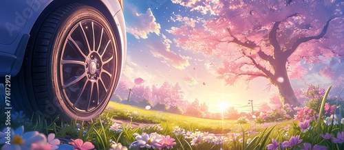 A car tire with black rims stands on the grass, surrounded by blooming flowers and cherry blossoms in full bloom. 