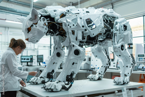 An advanced robotic cat  design is showcased in a modern research and development lab with engineers monitoring progress.
