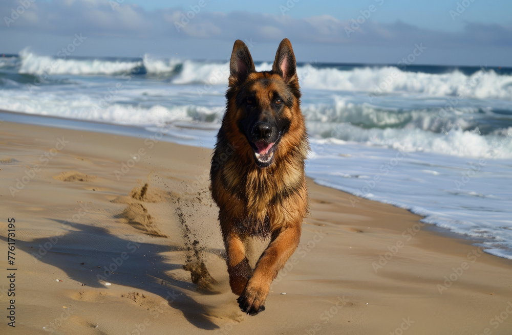 German Shepherd with a plush coat, sandy beach, chasing wave