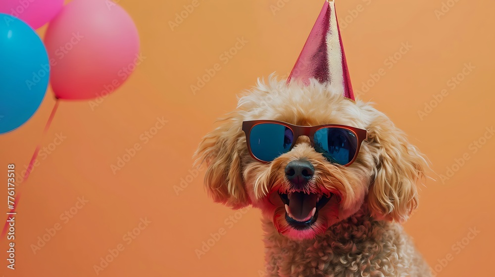 cute dog in party hat and sunglasses on colored background