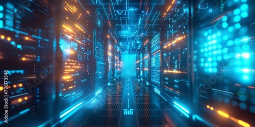 A futuristic digital data center with glowing blue lights and holographic code patterns, surrounded by rows of advanced server racks, creating an atmosphere of technological wonder Generative AI